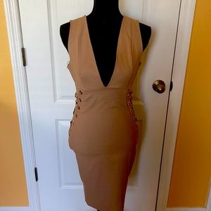 Beautiful Tan sleeveless Gold accent Sexy Dress